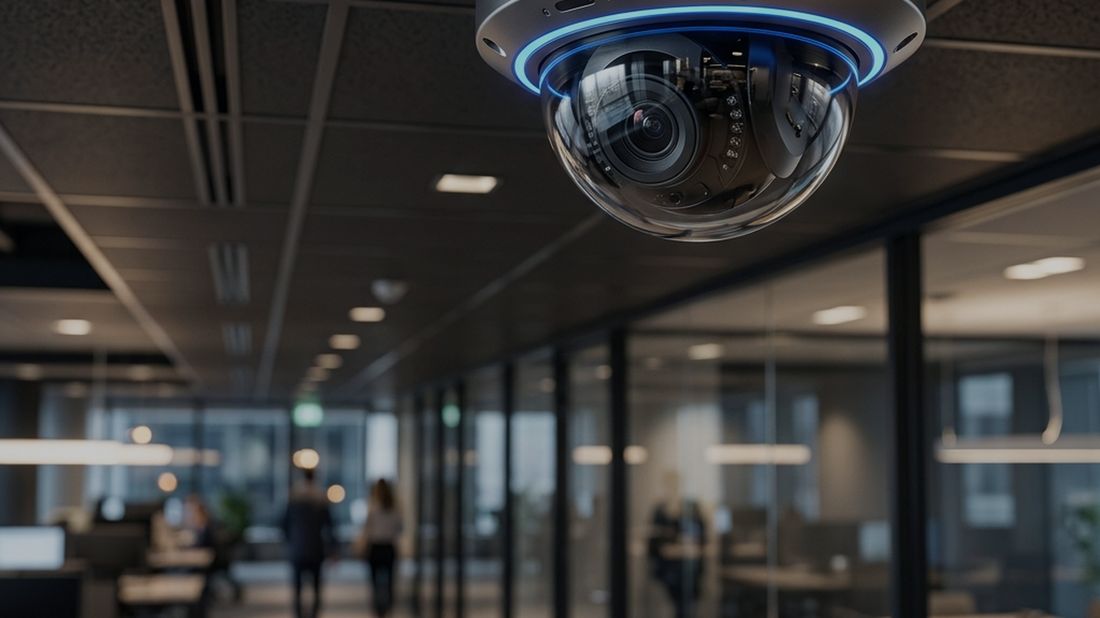 Cámara de seguridad IP instalada en el pasillo de una oficina